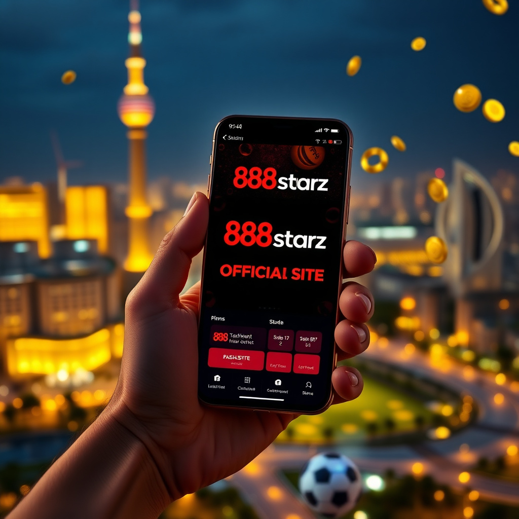 A hand holding a high-end smartphone with the 888starz app, the screen shows the exact text \